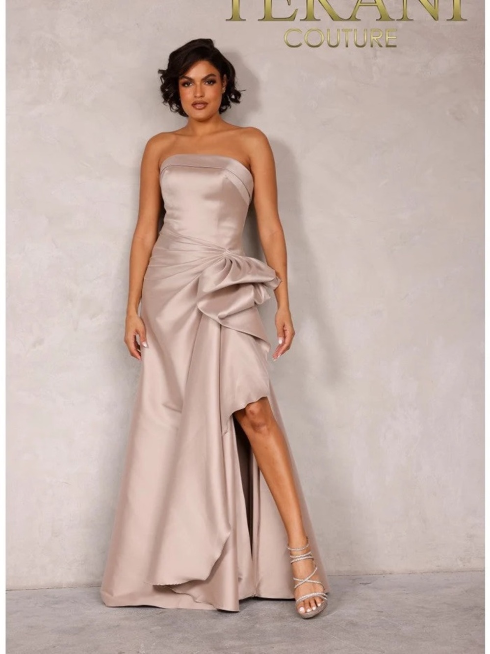 Terani Couture 2111P4019 Strapless Taupe Satin Evening Dress